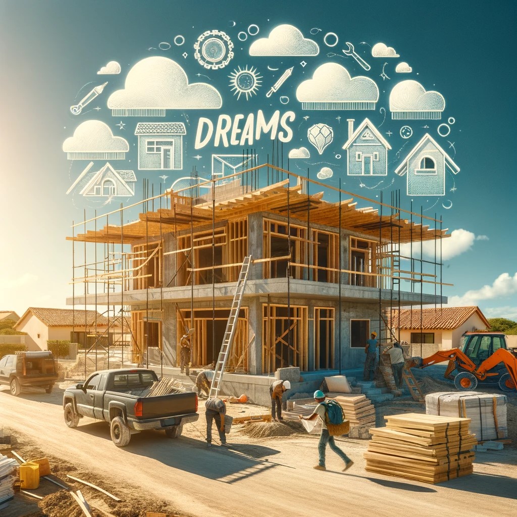 The image shows a construction site in Mexico, with a house in the process of being built. It includes workers on site, construction materials stacked around and a partially completed structure, all under a sunny blue sky. The scene conveys the idea of building dreams and projects in a Mexican setting, highlighting the beauty and potential of Mexico for custom home projects.