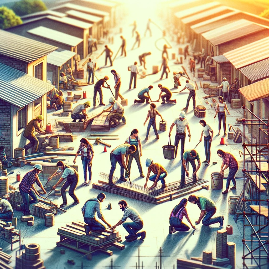 The image shows a group of people working together at a construction site in Mexico. The workers are seen in action, collaborating and sharing their skills in a friendly and productive environment. The scene reflects cooperation and community spirit, highlighting how teamwork can lead to the completion of a construction project.
