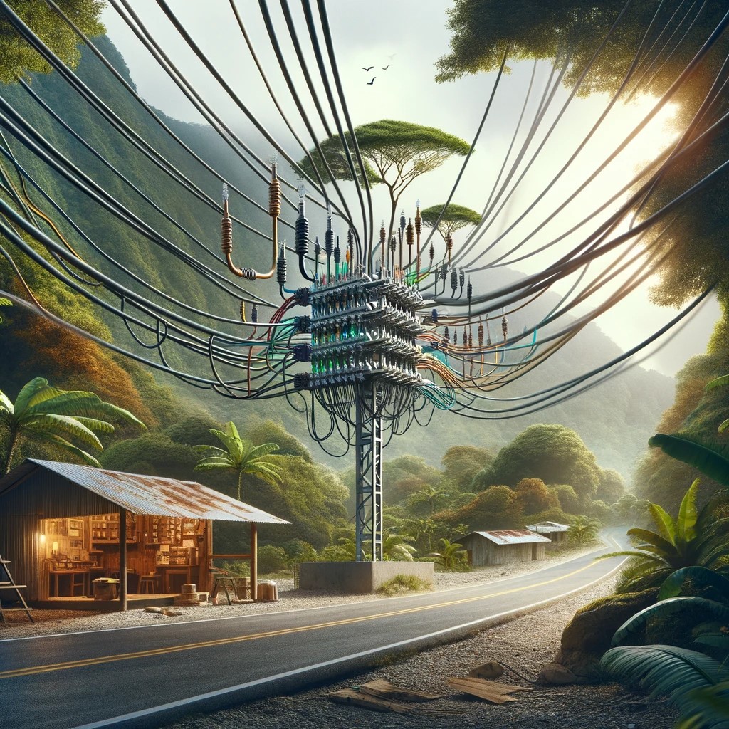 The image shows a representation of the electrical connection in a remote jungle-like area of Mexico. A steel structure is seen near a road, with cables extending in various directions, symbolizing the distribution of electricity to different properties. The scene highlights the innovation and adaptation needed to overcome the challenges of living in less developed areas.
