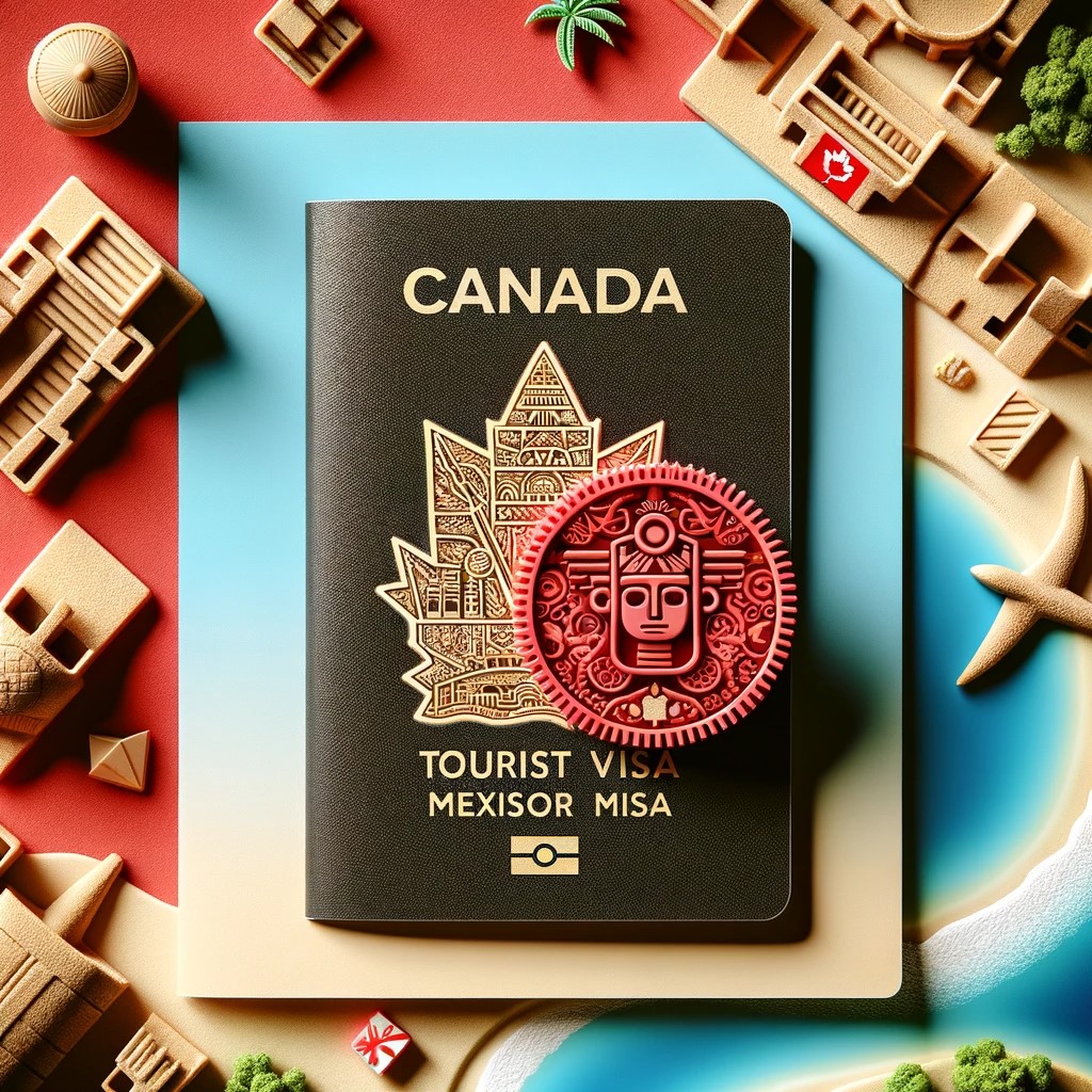 The image shows a Canadian passport with an entry stamp for Mexico, symbolizing the tourist visa. In addition, a stylized representation of Mexico is included, highlighting cultural and tourist elements such as beaches and Mayan temples. The image conveys the idea of exploring and enjoying Mexico under a tourist visa, with the ease and flexibility that this offers.
