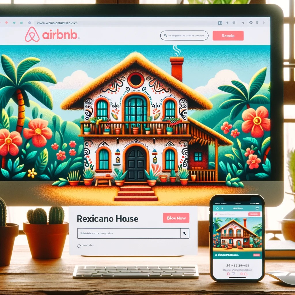 The image shows a cozy Mexican-style house listed on Airbnb, with an Airbnb user interface visible on a computer screen or mobile device. The house is surrounded by a tropical and colorful environment, typical of Mexico, conveying the sense of hospitality and charm that travelers can expect when booking through Airbnb in this country.