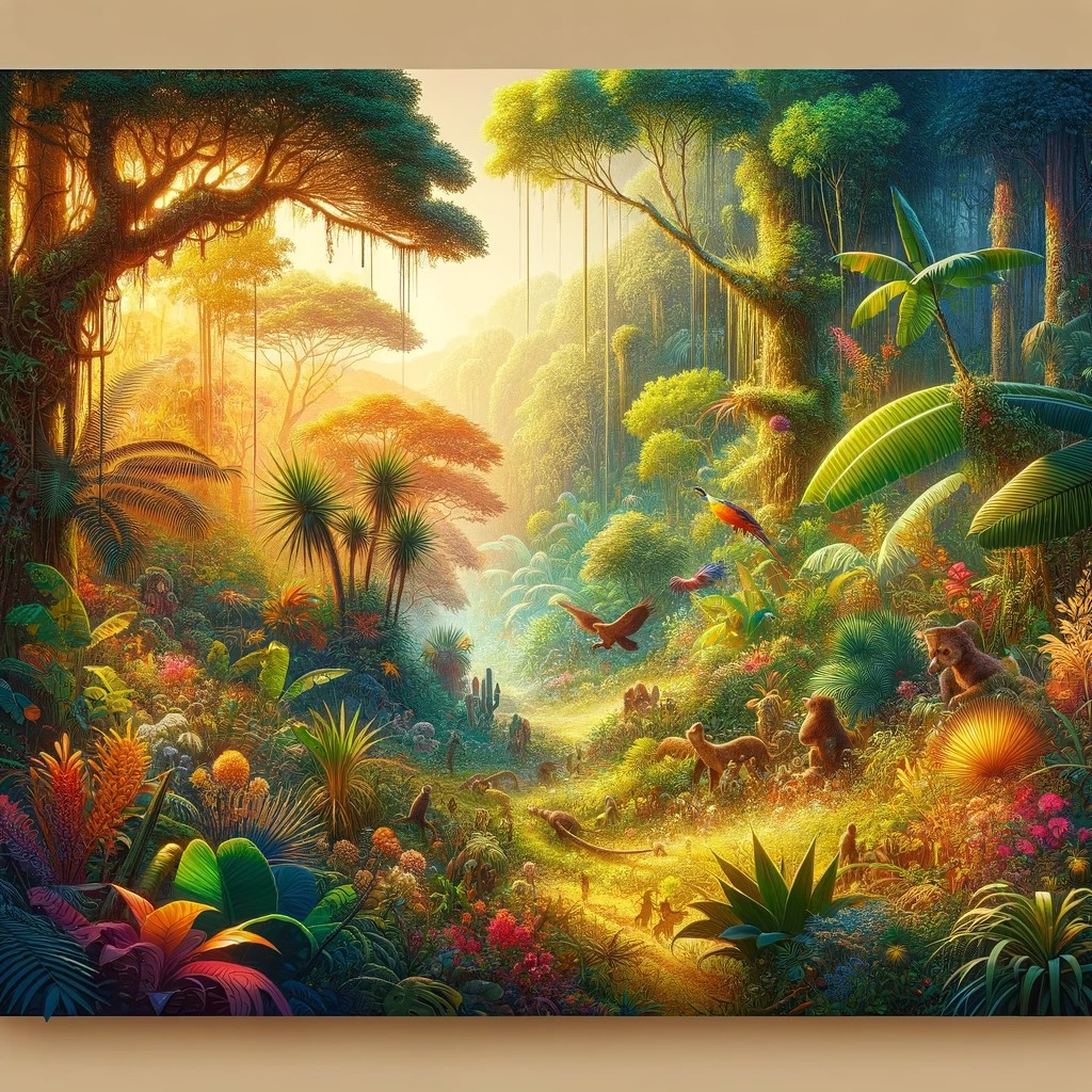 The image shows a vivid representation of the Mexican jungle, with a variety of tropical flora and fauna. You can appreciate the density of the vegetation, with a climate that seems warm and welcoming. The scene conveys the vitality and beauty of the jungle in Mexico, emphasizing the pleasant temperature and the natural richness that characterizes these areas.