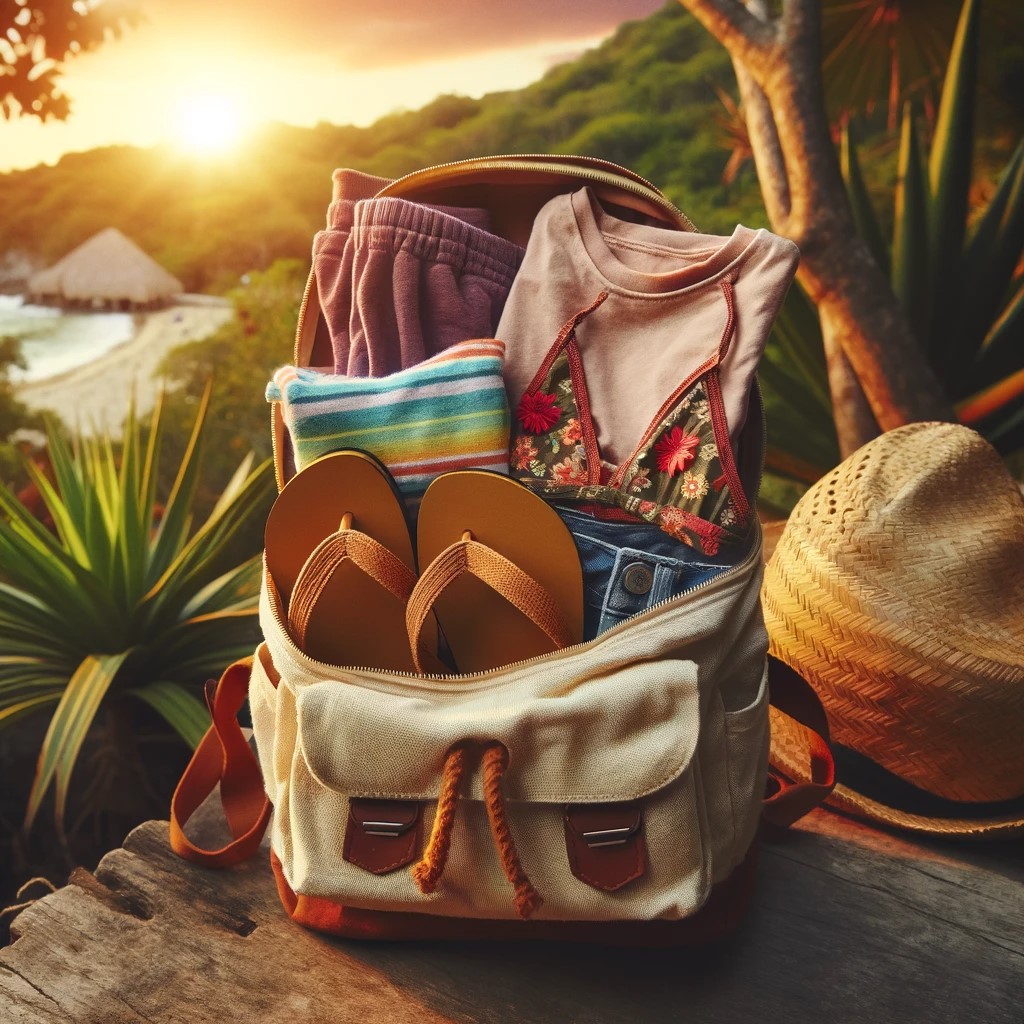 The image shows a small open backpack with the essentials for a trip to the Mexican jungle: flip-flops, bathing suit and t-shirts. The backpack is set against a natural background, with tropical vegetation and a sunset in the distance, evoking the beauty and simplicity of life in the jungle.