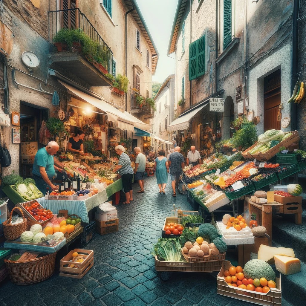An alleyway in an Italian village with a local market in operation. Vendors offer fresh produce such as fruits, vegetables, cheeses and wines at affordable prices, showcasing the daily life and economic options available in Italy. The scene is full of color and life, with locals and tourists mingling and enjoying the relaxed and authentic atmosphere of the market.