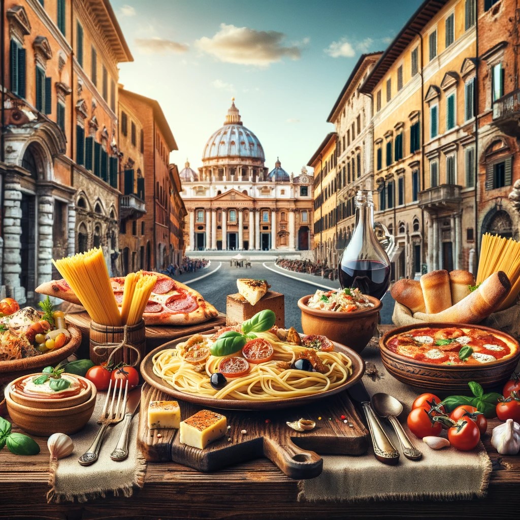 An Italian table filled with traditional dishes such as spaghetti, pizza, and risotto, surrounded by a historic setting with old buildings and cobblestone streets. The image captures the essence of Italian cuisine in a setting that reflects its rich history and culture.