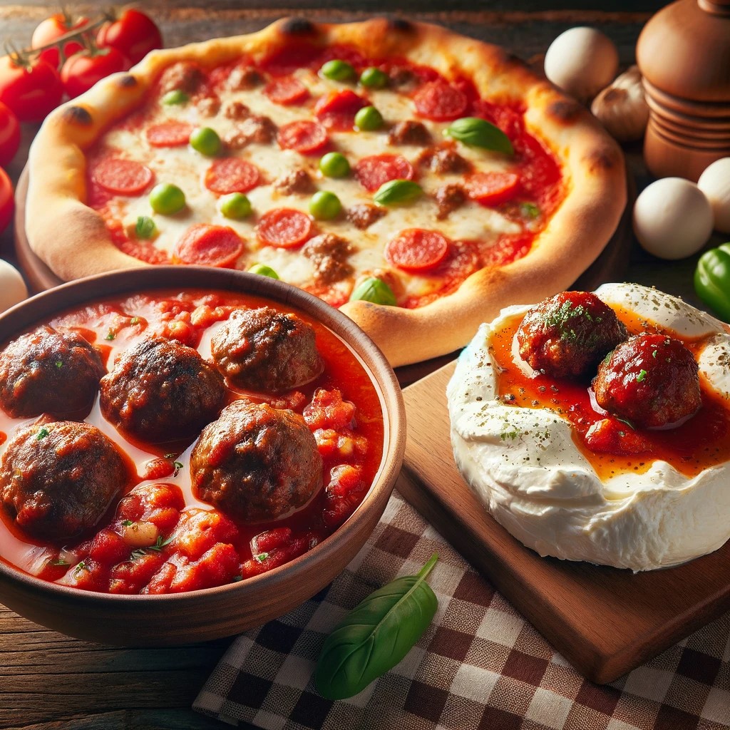 A plate of juicy meatballs in tomato sauce, a crispy pizza with fresh ingredients on a wooden board, and a bowl of creamy burrata on a table with a checkered tablecloth. The image captures the essence of these three traditional Italian dishes, highlighting their freshness and authentic flavor.