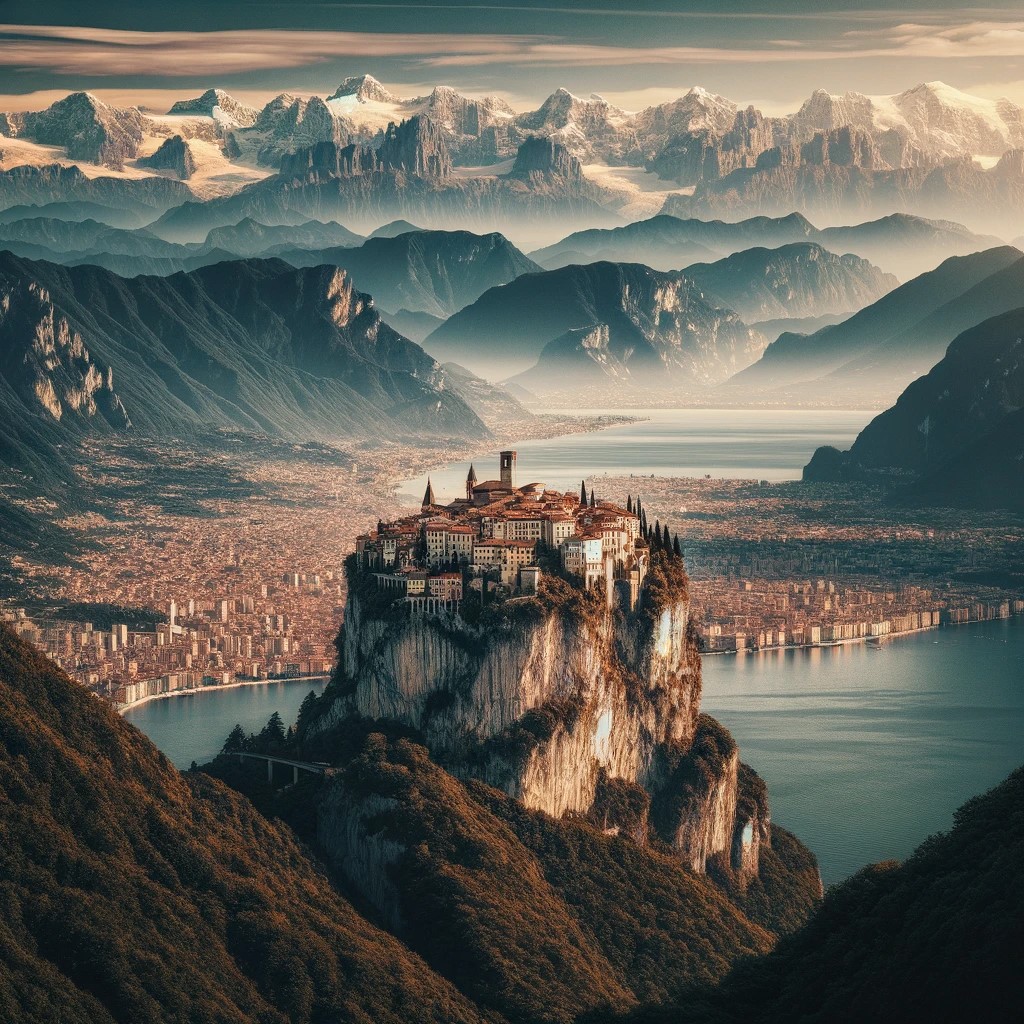 A panorama of the Italian landscape, showing the Alps in the background, with a city built on a cliff above the sea in the foreground. The image captures the diversity and majesty of the Italian landscape, highlighting the harmony between nature and architecture.