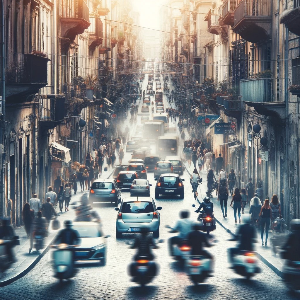 A busy street in an Italian city, with cars and scooters navigating narrow cobblestone streets. People walking quickly, honking horns and the general hustle and bustle of an active city. The image reflects the dynamism and energy of Italian cities, but also their tendency to chaos and noise.