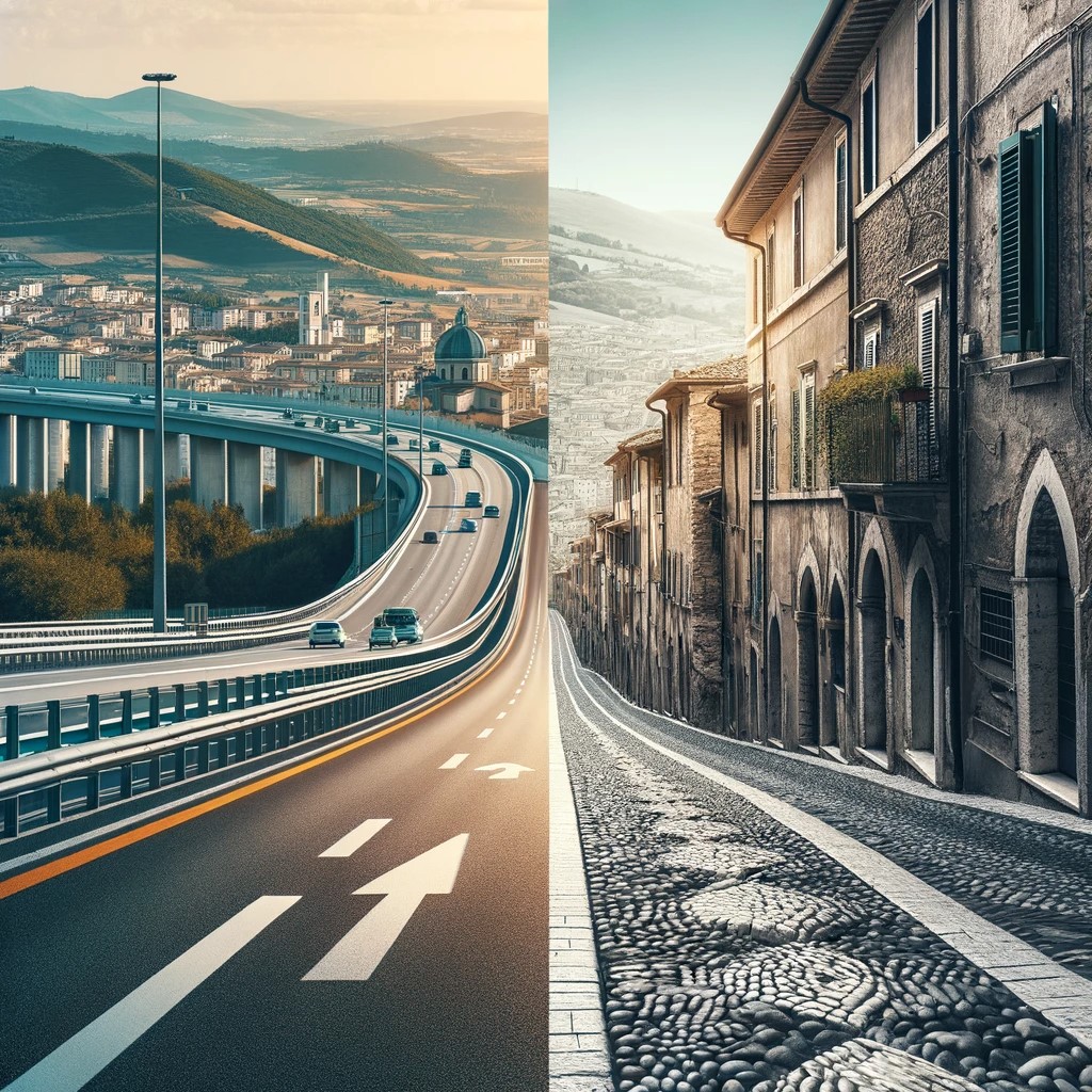 A modern highway in Italy with clear signage and beautiful scenery in the background. In contrast, a narrow cobblestone street in a historic city, with old buildings on both sides and barely room for a small car. The image shows the duality of driving in Italy: the modernity of its highways and the challenging charm of its ancient cities.