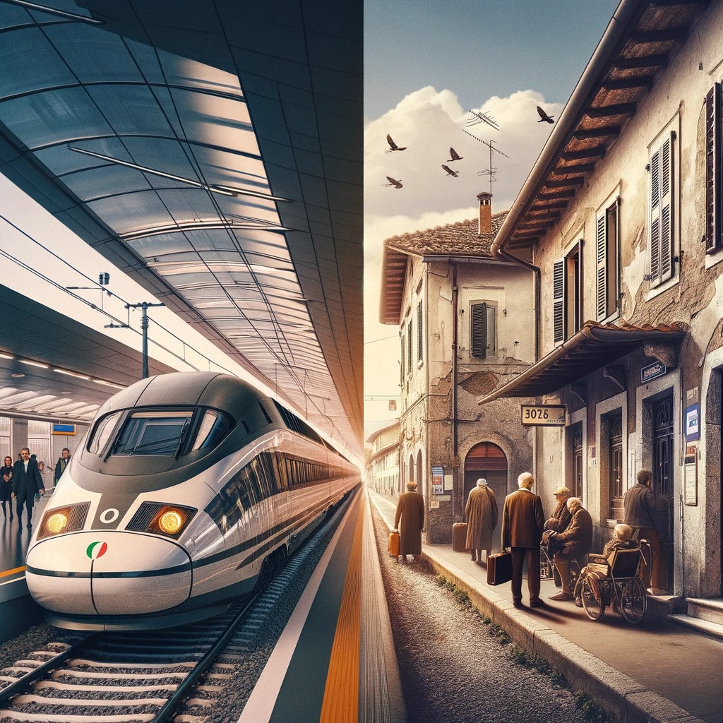 A train station in Italy with a modern high speed train ready to depart. Passengers boarding the train, enjoying the comfort and efficiency of this mode of transport. In contrast, an image of an older local train in a small station, showing the diversity of train options in Italy. The image captures the practicality and charm of traveling by train in Italy.