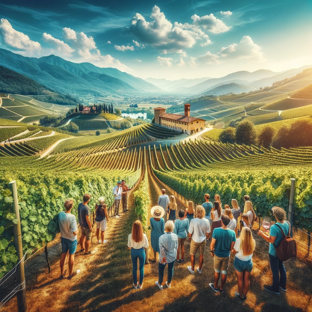 A beautiful vineyard in the Italian countryside under a blue sky, with rows of carefully cultivated vines. In the image, a group of visitors tour the vineyard with a guide, learning about the winemaking process and enjoying the panoramic views. The scene conveys the tranquility and natural beauty of the Italian vineyards, a must-see destination for wine and nature lovers.