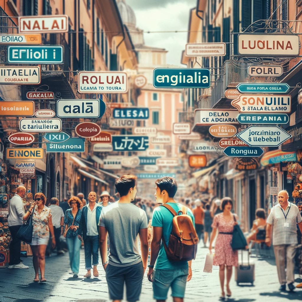 A street in an Italian tourist town, with signs in English and Italian. Tourists and locals interacting, some speaking English. The image shows the mix of languages in tourist areas of Italy, where English is commonly used along with Italian.