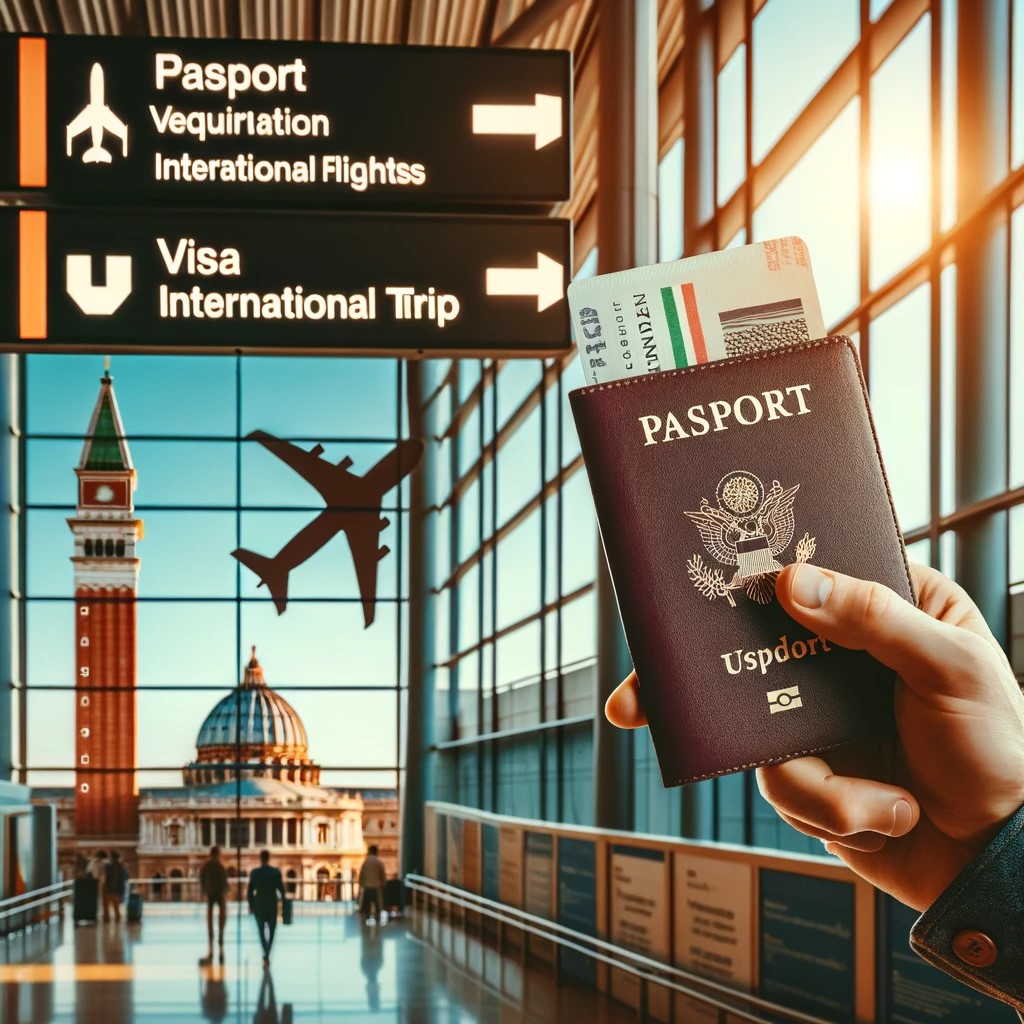 A traveler at an airport checking his passport and documents before a flight to Italy. The image shows the importance of checking visa requirements and having all necessary documentation for smooth international travel. It may also include signage at the airport indicating the direction to international flights.