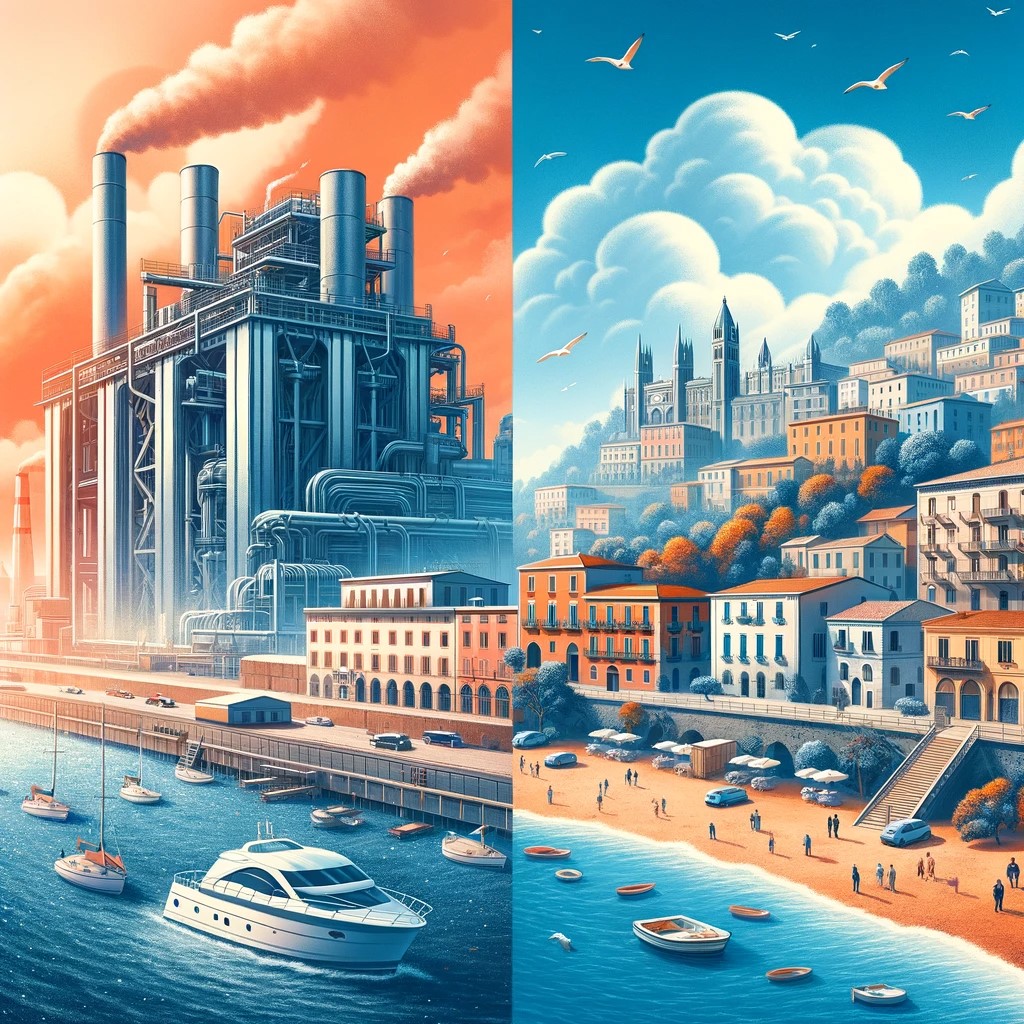 Two contrasting scenes, one from the north and the other from the south of Italy. In the north, an industrial and modern city, with a colder climate and contemporary architecture. In the south, a picturesque coastal town with traditional buildings and a warmer, more relaxed atmosphere, showing the contrast between the two regions.