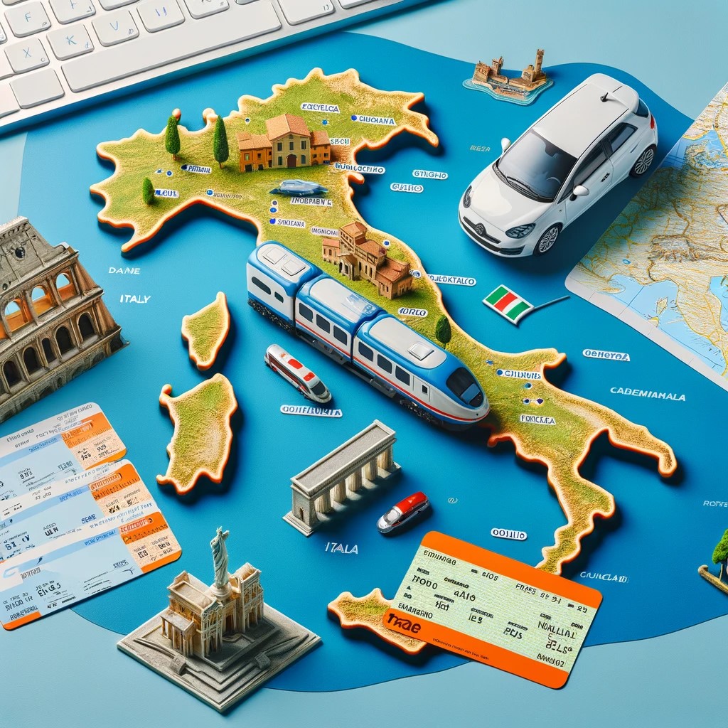 A map of Italy with various highlights to visit, along with a rental car and train tickets. The image symbolizes planning a trip, showing different methods of transportation and popular destinations in Italy, and inspires travelers to explore the diversity and beauty of the country.