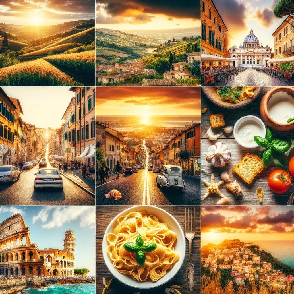 A collage of different experiences in Italy: a landscape of the Tuscan countryside, a lively street in Rome, a plate of fresh pasta, and a sunset on the Amalfi coast. The image reflects the diversity of experiences that Italy offers, each adding to the rich tapestry of memories and experiences in this wonderful country.