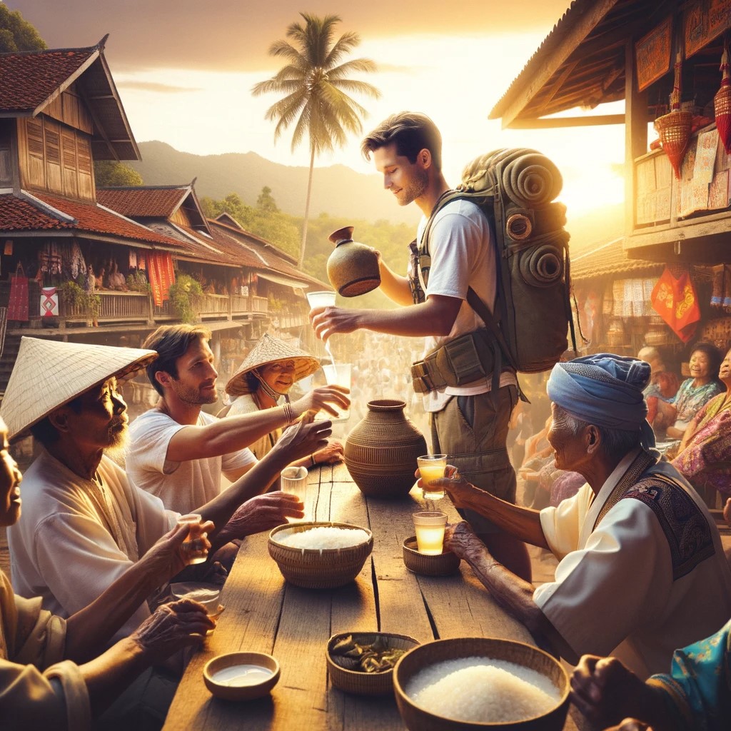 La imagen muestra a viajeros probando el alcohol de arroz en un entorno típico del sureste asiático, capturando la esencia de la experiencia cultural con los viajeros interactuando con los locales en un ambiente auténtico y pintoresco.