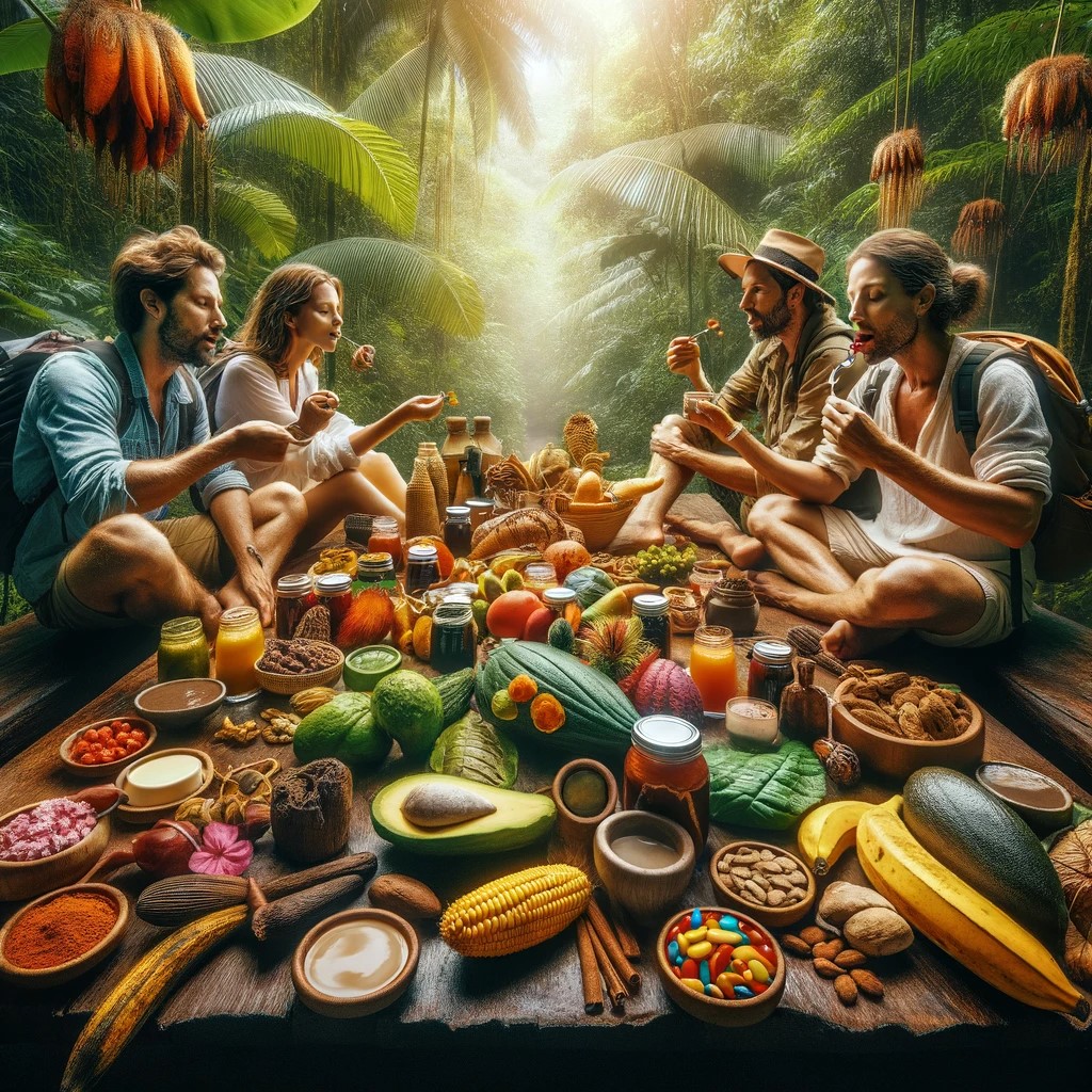La imagen muestra a los viajeros en un entorno de selva tropical, degustando una variedad de productos locales. La escena destaca la variedad y el colorido de los alimentos, así como la curiosidad y el deleite de los viajeros al experimentar los sabores únicos de la jungla colombiana.