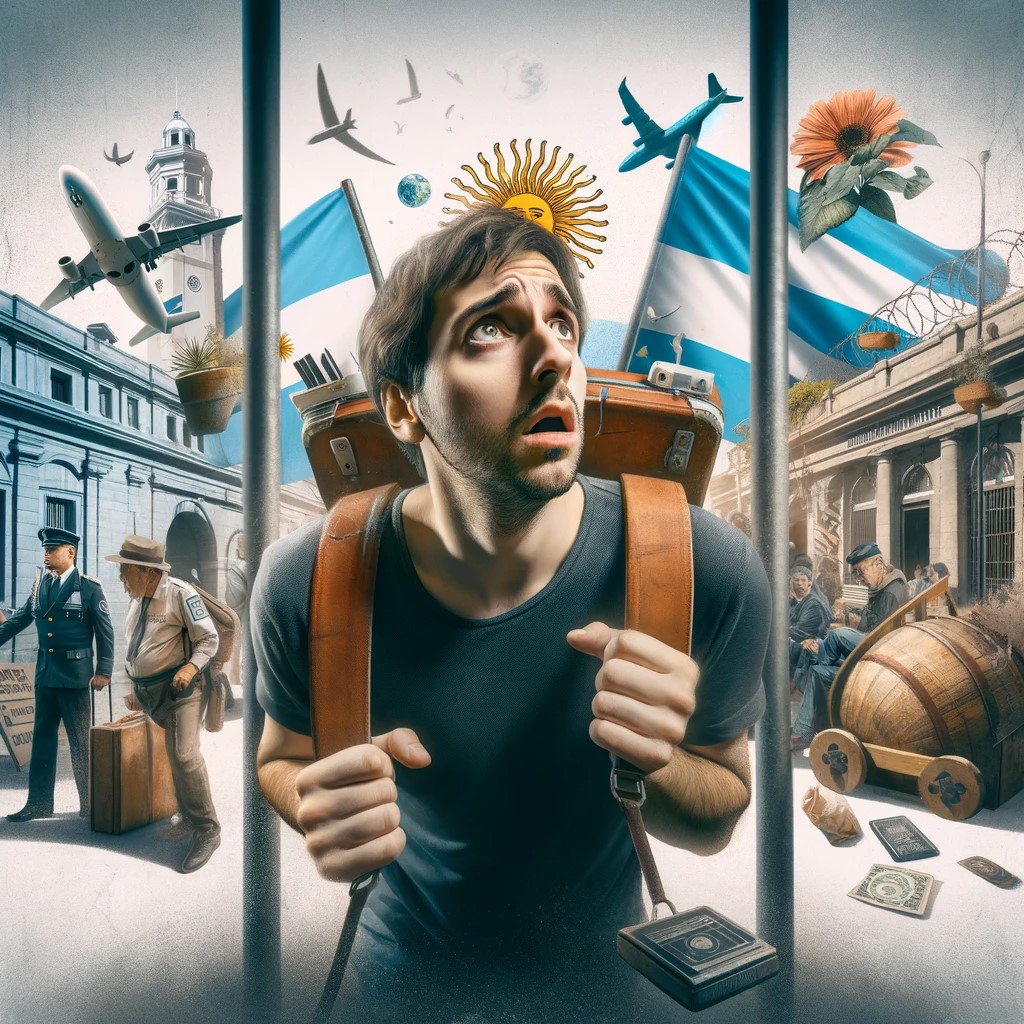 La imagen muestra una representación artística de un viajero en una cárcel argentina, capturando el sentimiento de sorpresa y desconcierto. La escena refleja la mezcla de aventura, infortunio y los giros inesperados que pueden surgir en los viajes.