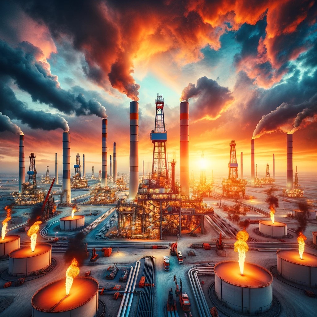 The image illustrates the majesty and importance of Kuwait's oil fields, especially at sunset, highlighting both the beauty and influence of this industry.