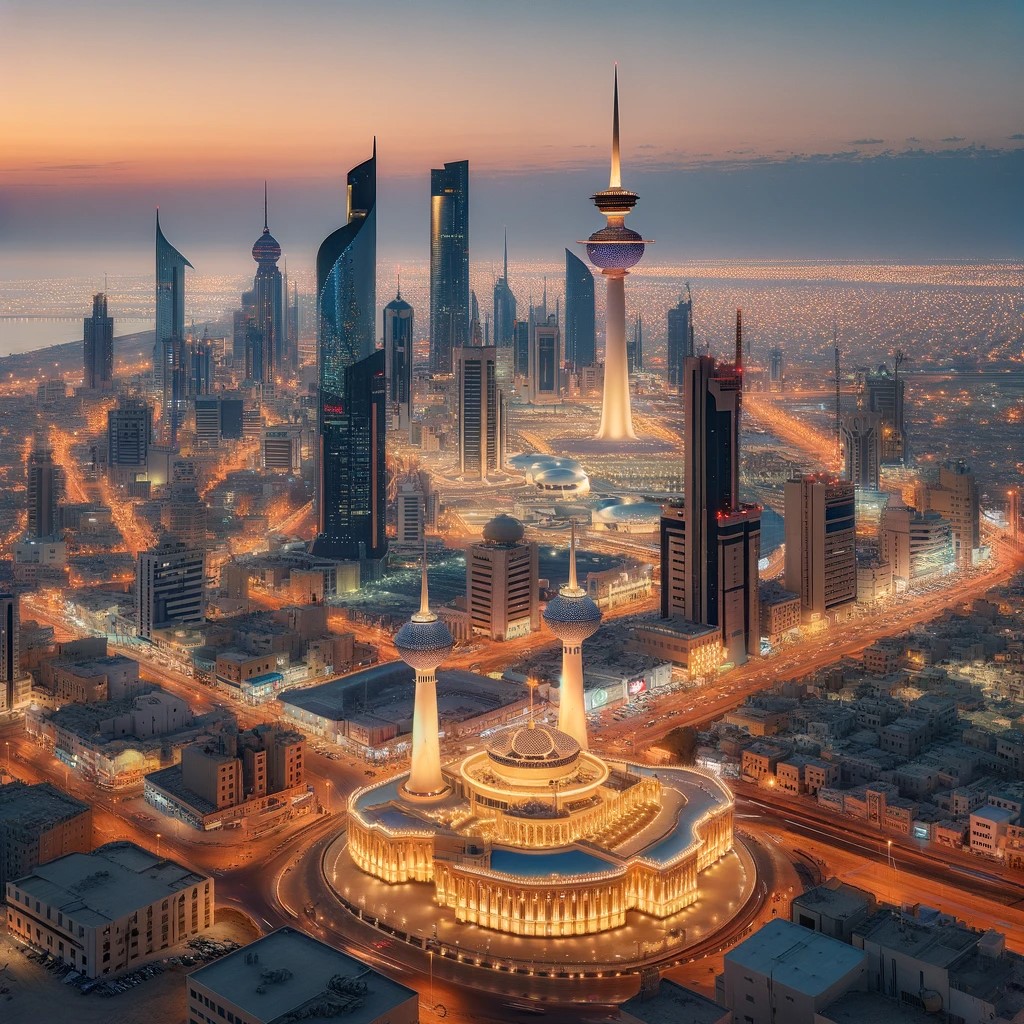The image presents a beautiful panoramic view of Kuwait City at sunset, highlighting the contrast between the city's modern and traditional architecture, with the illuminated Kuwait Towers in the foreground.