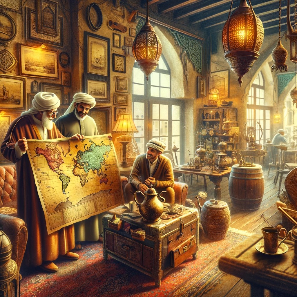 The image shows a cozy cafe in Manama, with an elderly collector presenting an antique map to two travelers, creating an atmosphere of mystery and adventure.
