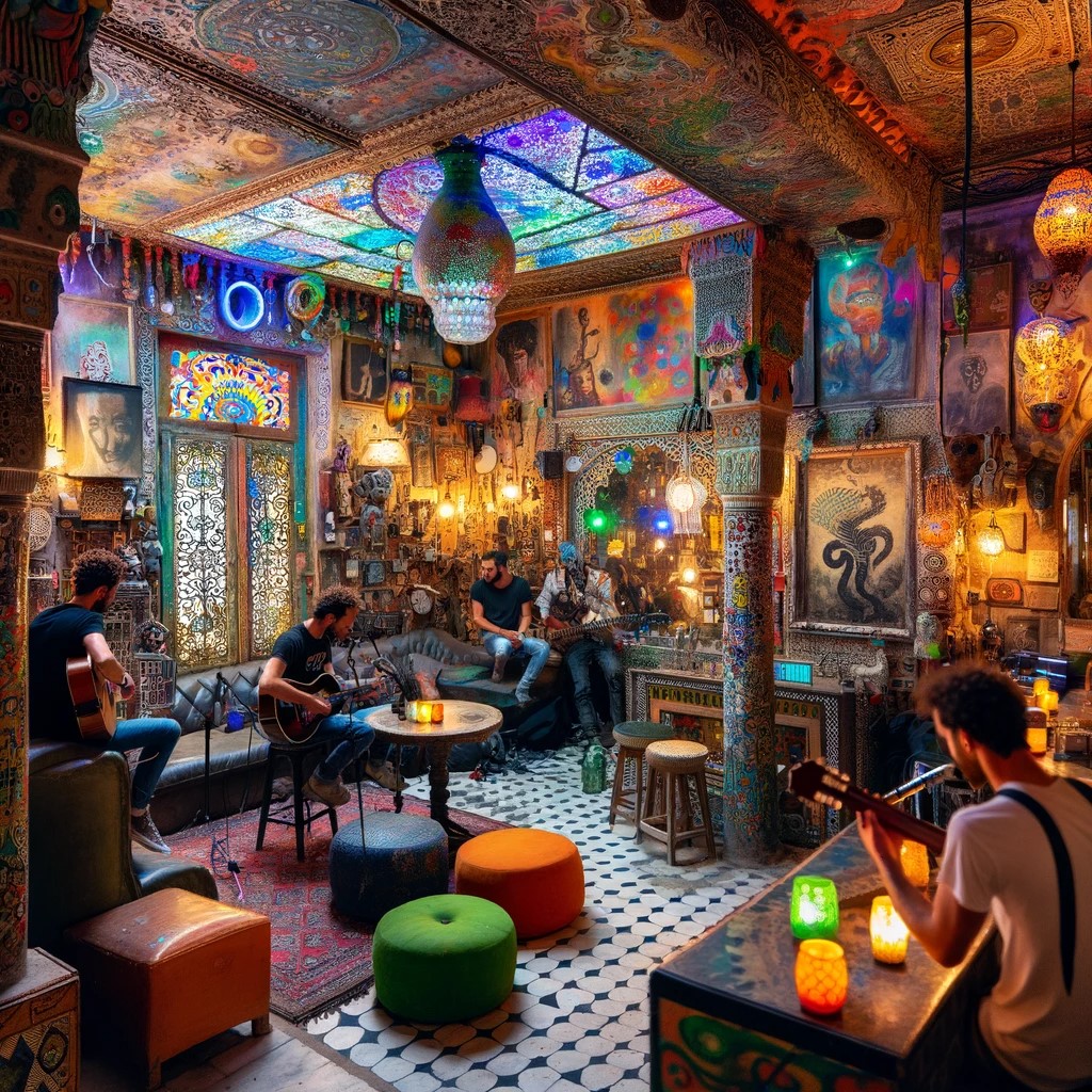 It shows the interior of a bar in Tangier, with colorful and eclectic décor, musicians in action and an artist performing, all capturing the vibrant and unique energy of the experience.