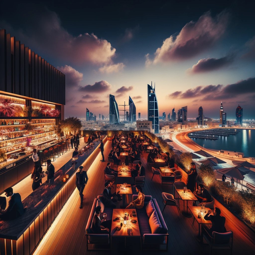 It shows a panoramic night view of a rooftop bar in Bahrain, with the city illuminated in the background, capturing the sophisticated and lively atmosphere of the place.