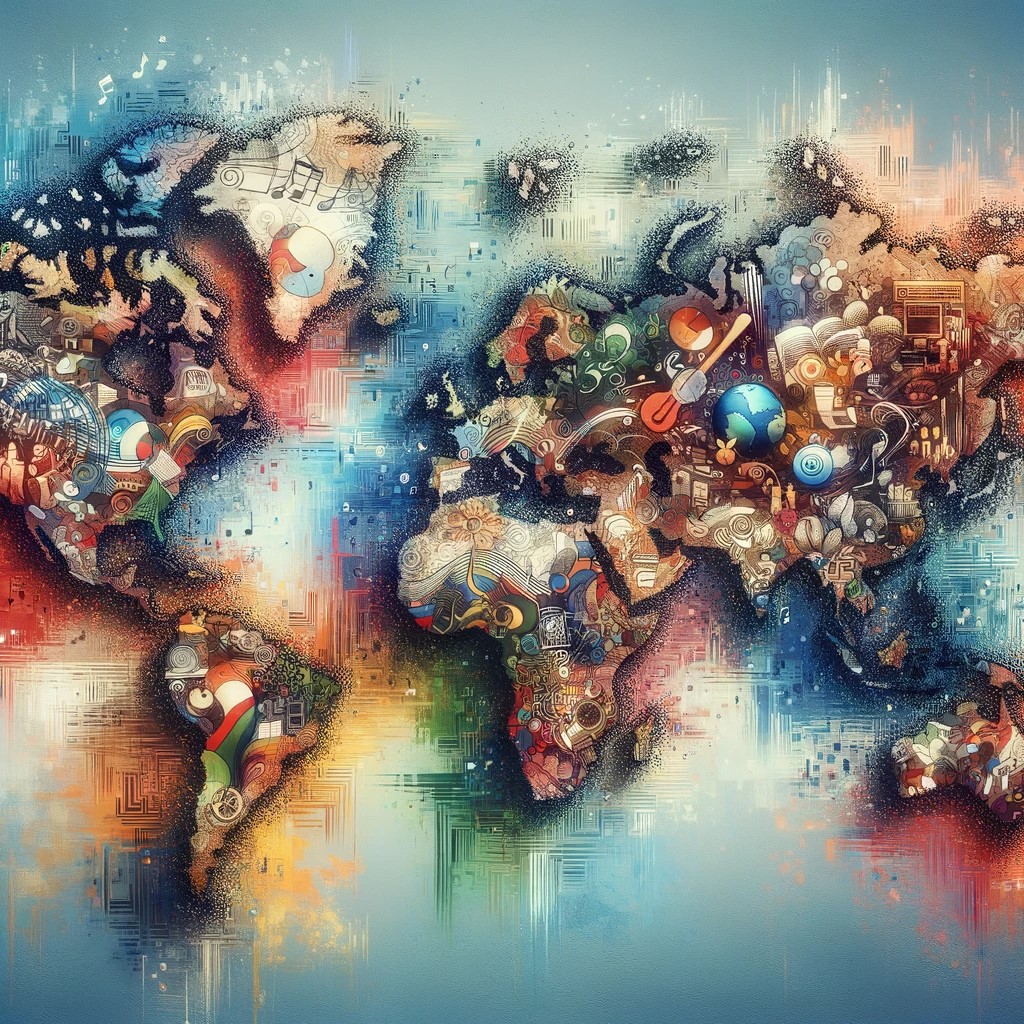 It depicts an artistic world map with blurred and overlapping border lines, interspersed with cultural symbols that blend into each other, symbolizing the idea that borders are more of a human construct than an absolute division.