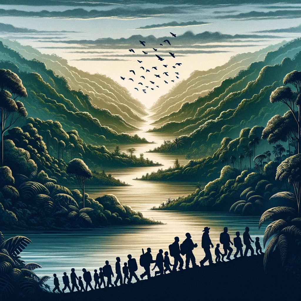 It depicts the Darien Gap with its dense jungle and challenging terrain, and includes silhouettes of immigrants on their journey, highlighting the challenging nature and humanity of their odyssey.