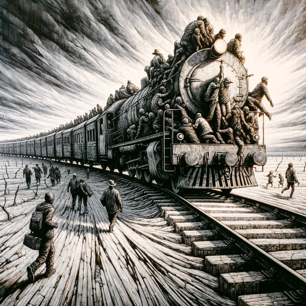 It artistically depicts the intense and emotional journey on 'The Beast', the freight train. The image shows the train in motion with people clinging to it, in a landscape that reflects both the harshness of the journey and the hope and determination of the travelers.