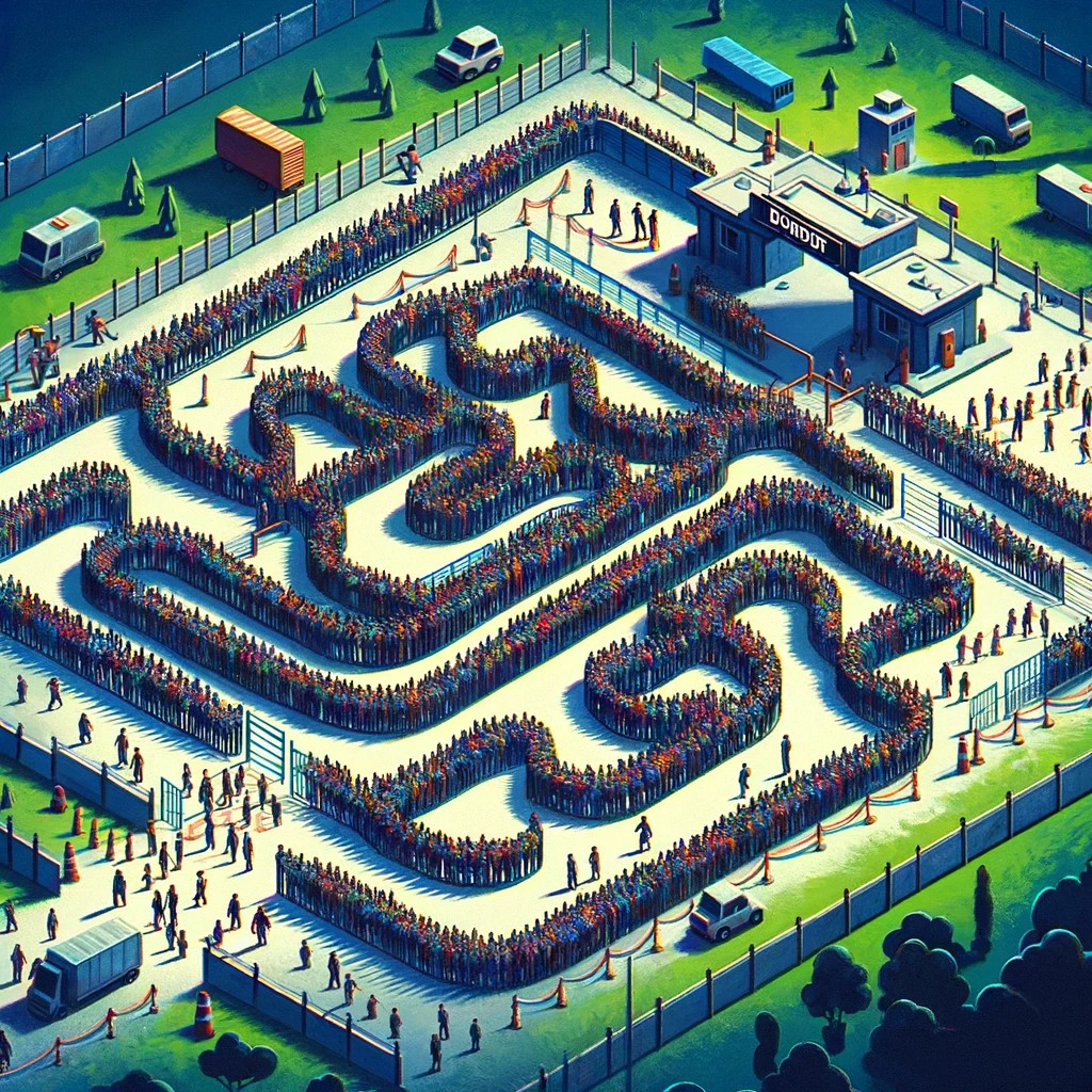 The image artistically depicts the complexity and sometimes inefficiency of border control and bureaucracy, with long queues and a maze of bureaucratic barriers symbolizing the difficulties and frustrations that often accompany these processes.