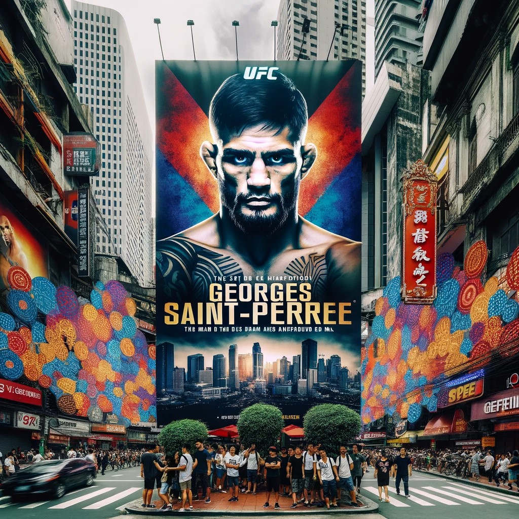 L'image montre une affiche vibrante d'un événement de l'UFC avec la figure imposante de Georges Saint-Pierre, capturant l'énergie et l'enthousiasme de la ville pendant cet événement.