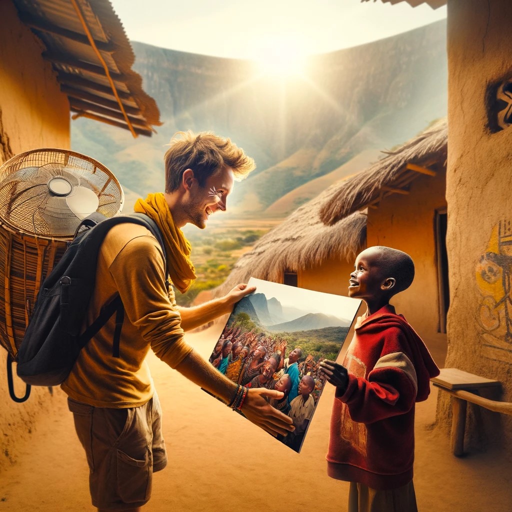 l'image décrivant la rencontre chaleureuse avec un ventilateur dans un village tanzanien. Cette illustration cherche à capturer ce moment spécial et le lien humain.