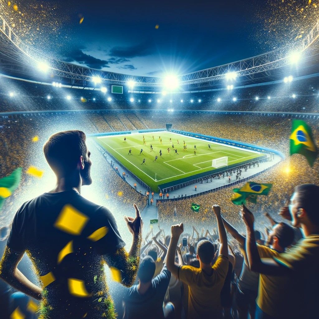 l'image représente l'excitation et l'énergie d'un match de football au Brésil et la rencontre avec les supporters.