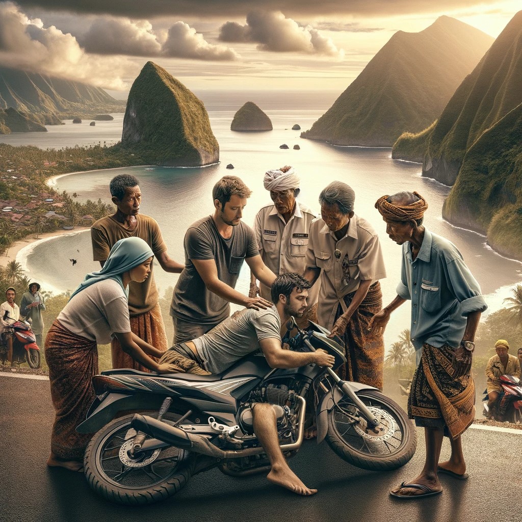 L'image représente le moment qui suit votre accident de moto à Lombok, en Indonésie. Cette illustration cherche à capturer l'assistance et les soins apportés par les habitants, dans un cadre qui reflète la beauté et les défis de l'île.