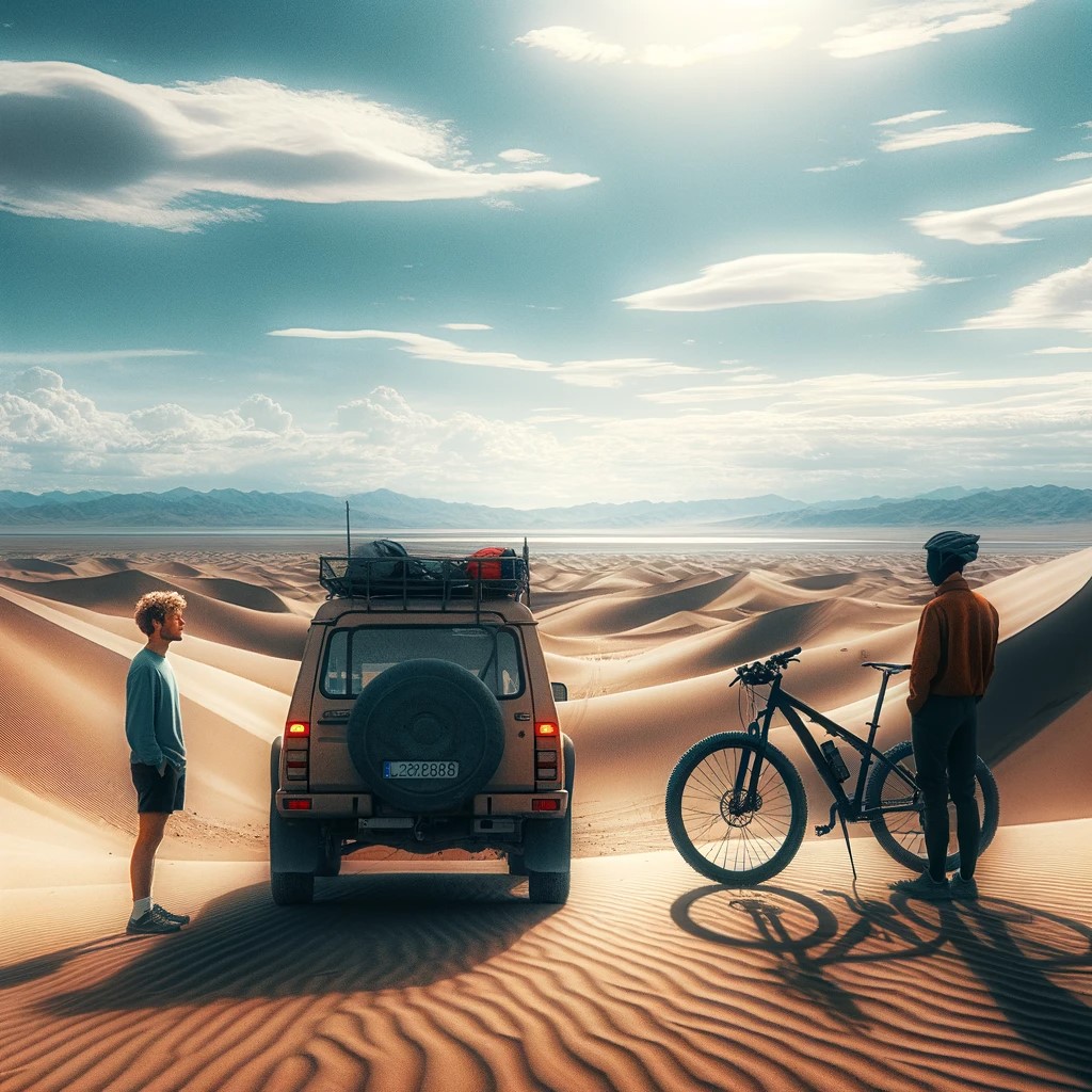 Una escena en el desierto de Gobi, con un vasto horizonte y dunas de arena bajo un cielo azul. En el centro, un ciclista solitario se encuentra con su bicicleta, destacando en el paisaje. A lo lejos, se ve un vehículo detenido con las puertas abiertas. dos personas están de pie al lado del vehículo, hablando con el ciclista. La imagen captura el encuentro inesperado y la sensación de asombro y admiración ante la vastedad del desierto y la determinación del ciclista.