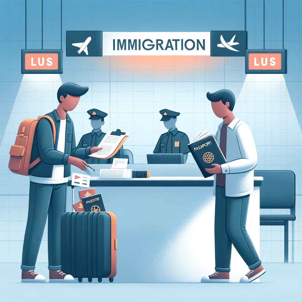 L'image de cette section pourrait être une illustration montrant deux voyageurs dans un aéroport, préparant leurs documents avant d'arriver au contrôle de l'immigration.