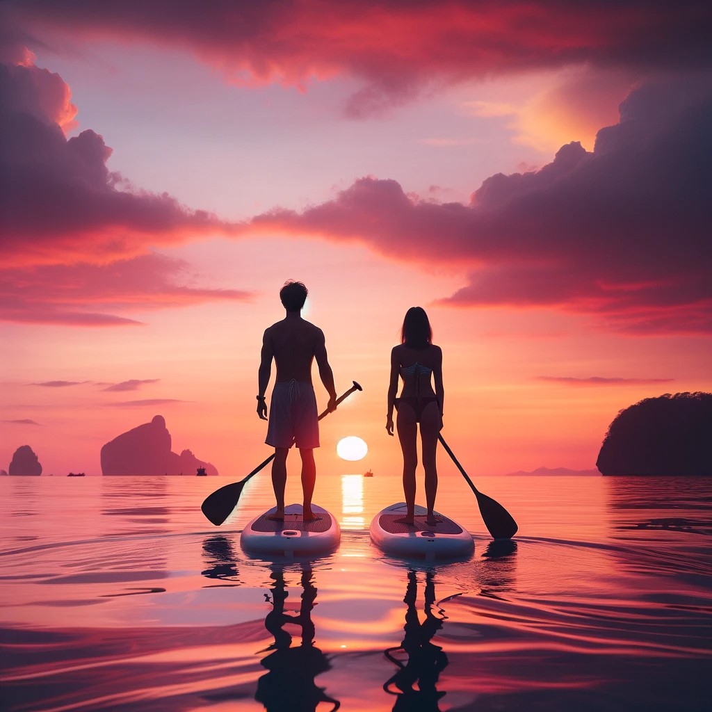 Cette image capture deux personnes sur des planches à pagaie lors d'un coucher de soleil à couper le souffle, reflétant la sérénité.