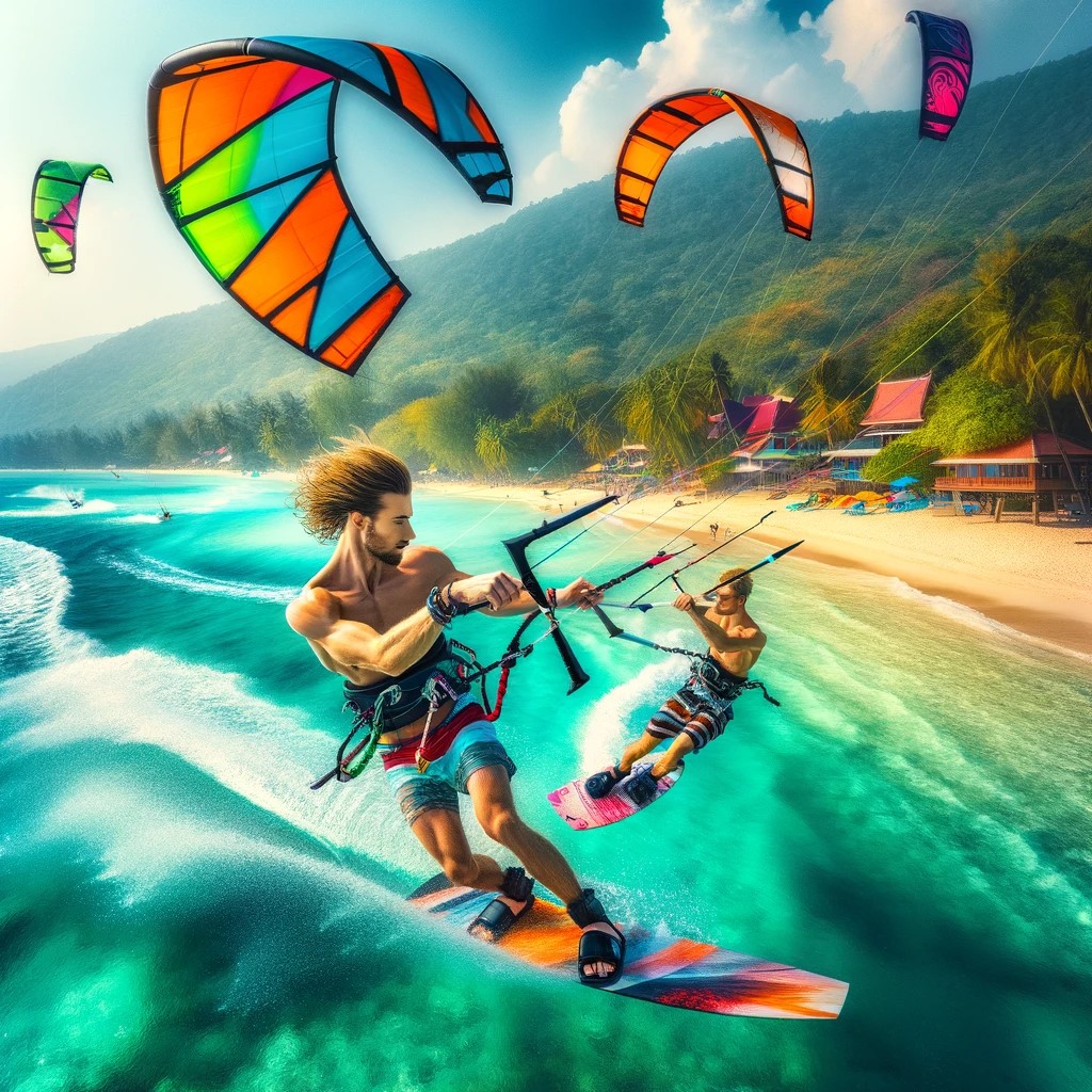 Cette image capture l'excitation et la beauté du kitesurf, montrant deux personnes glissant sur l'eau cristalline avec des cerfs-volants colorés et la côte tropicale en arrière-plan.