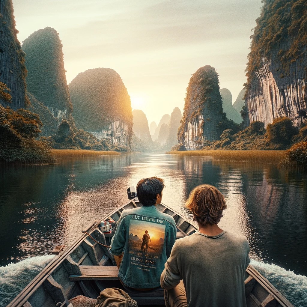 Sur l'image, deux personnes sont à bord d'un petit bateau et explorent la région, le regard émerveillé par la majesté de la nature qui les entoure. La photo transmet la magnificence et le charme des paysages vietnamiens qui ont captivé l'imagination des réalisateurs.