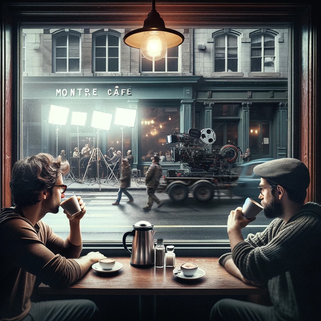 Deux personnes sont assises, dégustant des cafés, avec des expressions de surprise et de fascination en regardant le tournage. L'image traduit l'atmosphère intime du café, contrastant avec le dynamisme du film qui se déroule dans la rue.