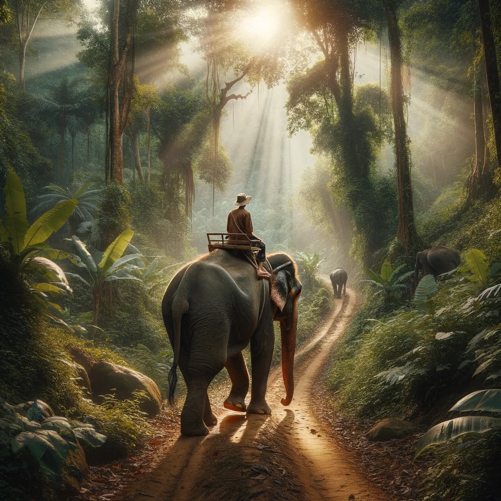 Cette photographie capture deux personnes sur un éléphant, se déplaçant le long d'un sentier dans la jungle au Laos. L'image transmet un sentiment de connexion et de respect de la nature, reflétant l'essence d'une expérience unique.
