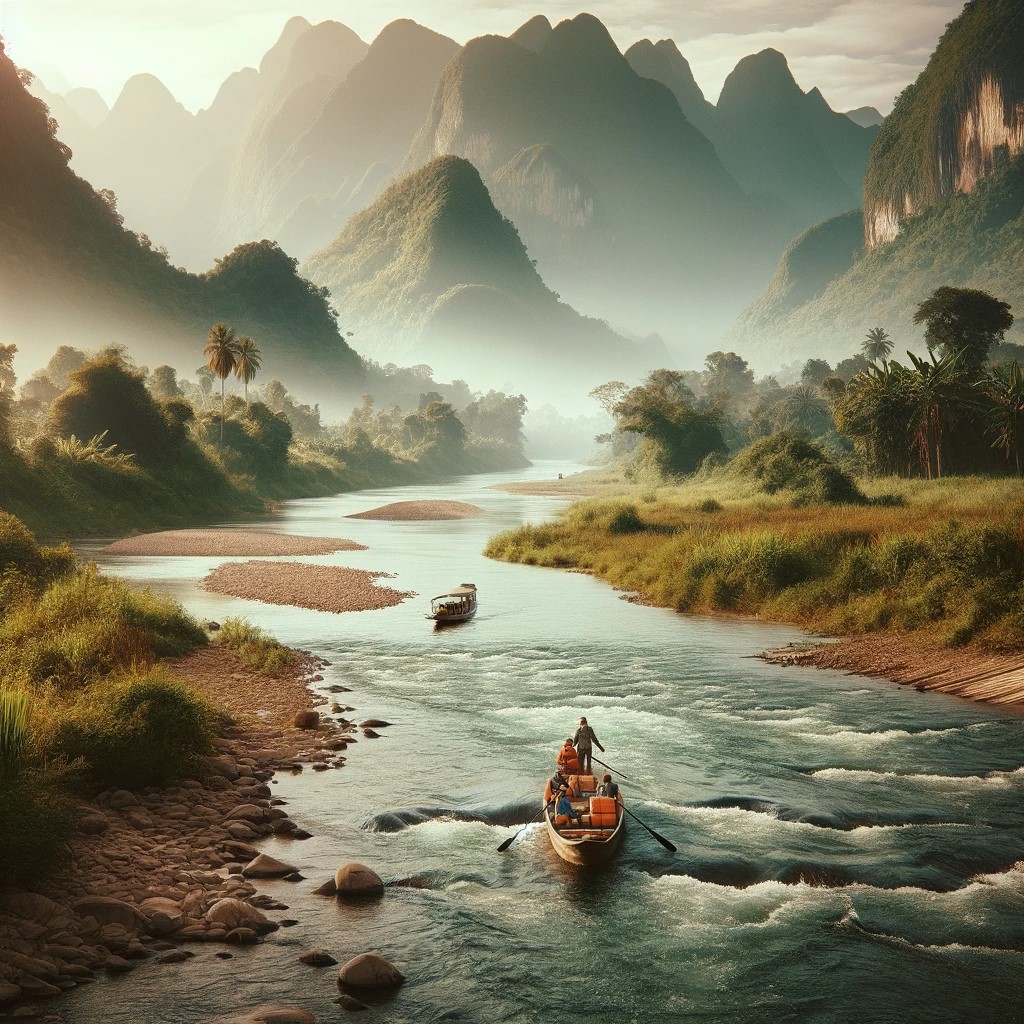 Cette photographie montre deux personnes traversant une rivière, entourées par le magnifique paysage naturel du Laos. L'image transmet la sérénité de la rivière et la majesté de la végétation et des montagnes le long de ses rives, capturant le sens de l'aventure et de la connexion avec la nature.