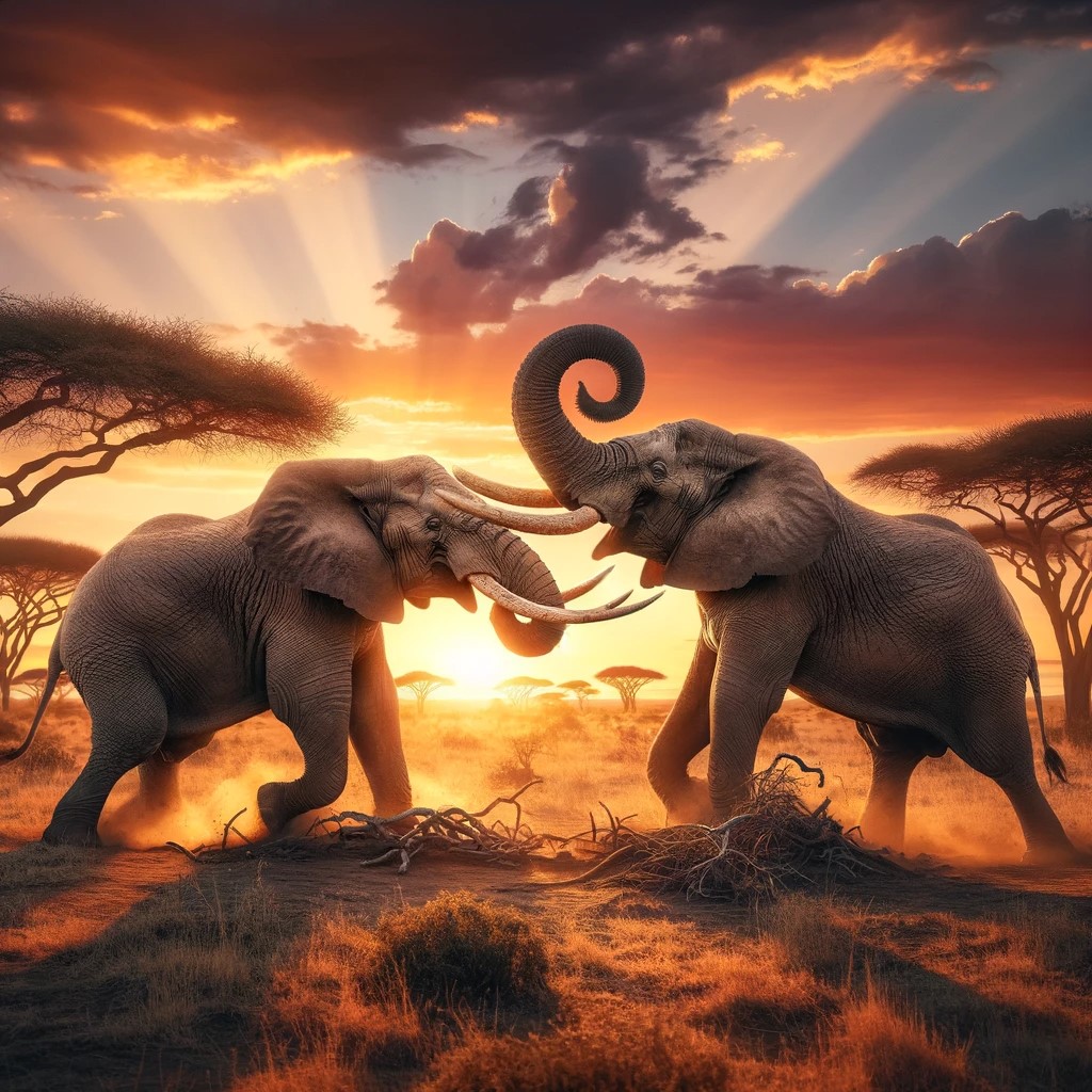 This illustration shows the intense battle between two elephants in the magnificent landscape of the African sunset, capturing both their strength and the beauty of their surroundings.