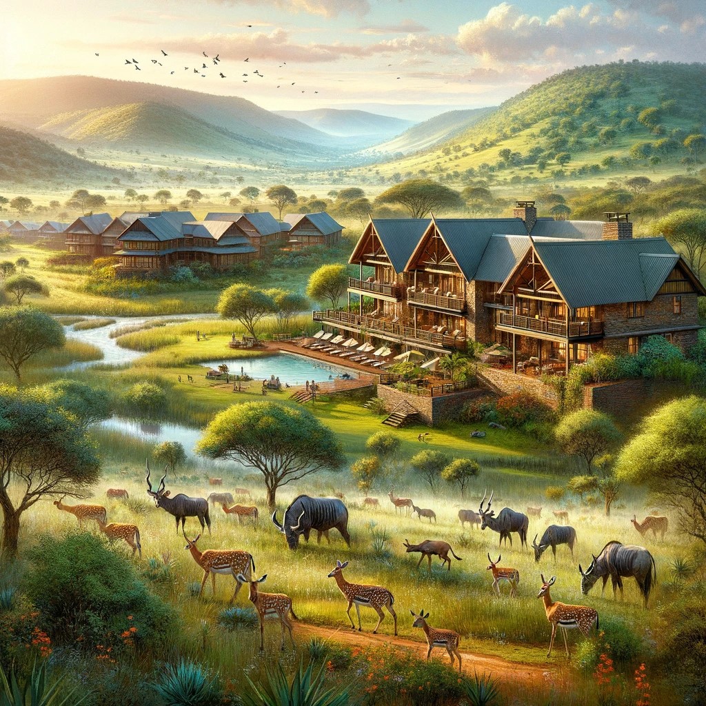 This illustration captures the harmony of the lodge with its natural surroundings, showing the lodge's rustic architecture, lush vegetation and the presence of wildlife such as antelopes and zebras.
