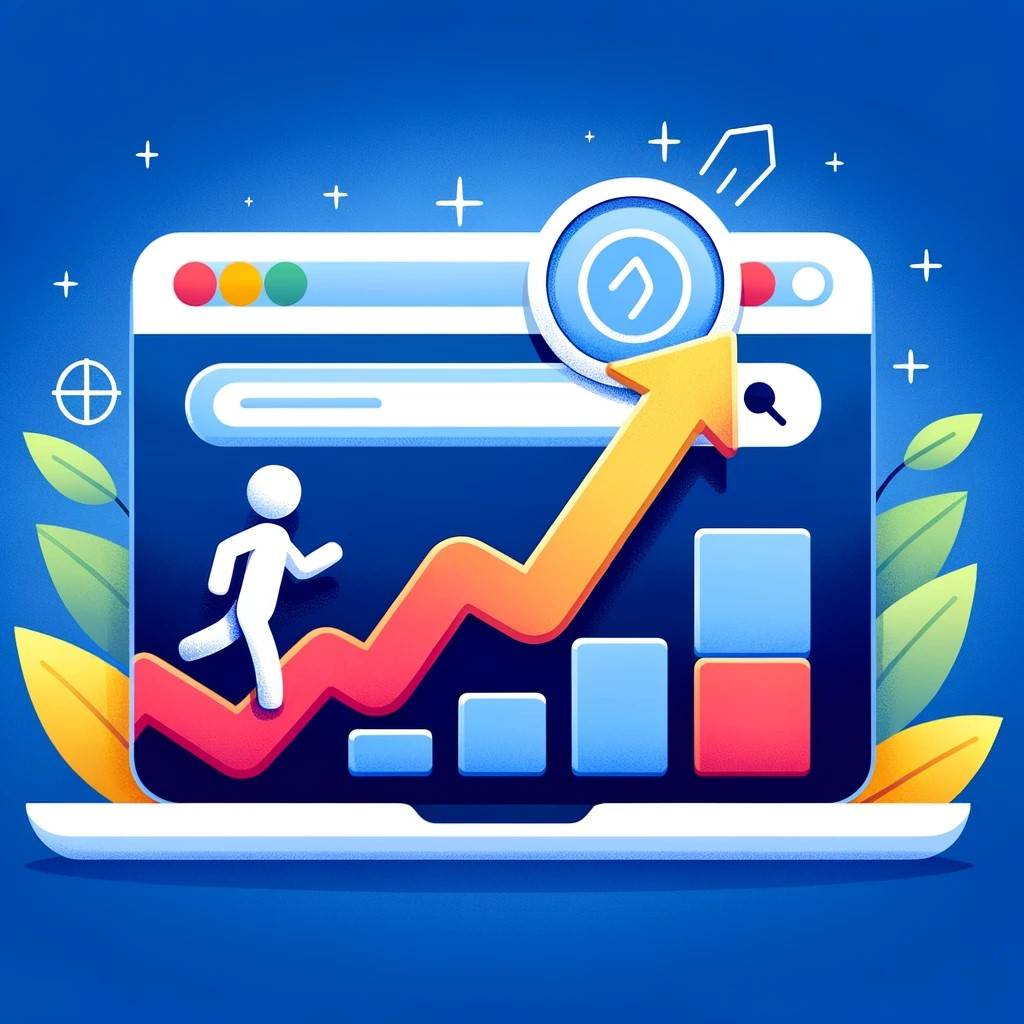 An illustration showing a website climbing up the ranks of a search engine results page, symbolizing the journey of SEO optimization. The image depicts a stylized representation of a search engine interface with a website icon moving upwards through a list of search results.