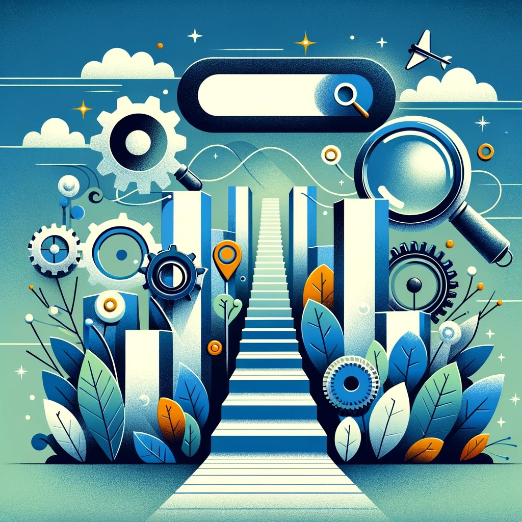 A conceptual image depicting the essence of SEO (Search Engine Optimization) as a journey to the top of search results. The illustration features a metaphorical path or staircase leading up to a generic search bar, symbolized by gears, magnifying glasses, and checkmarks.
