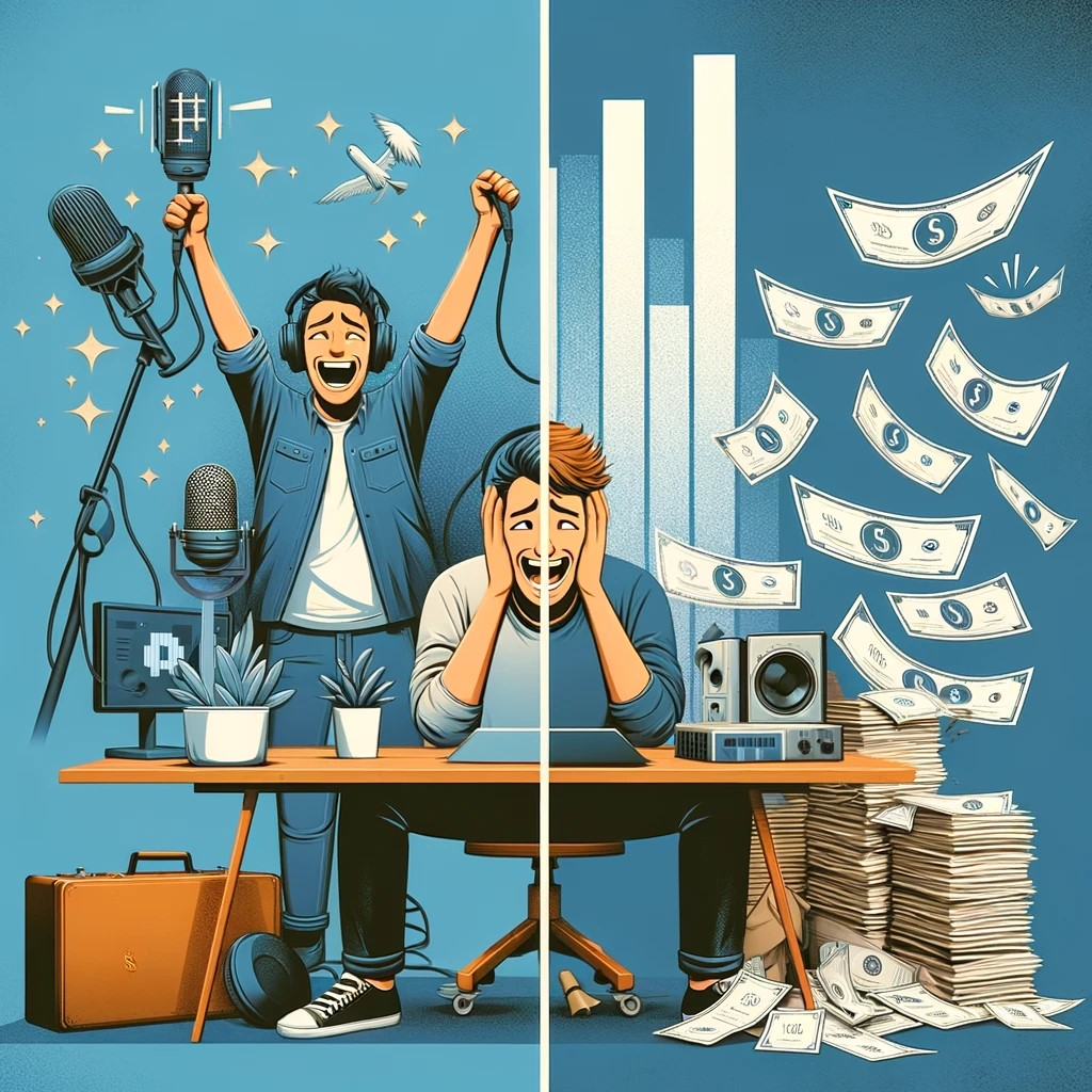 An illustrative image divided in half, symbolizing the concept of podcasting as an investment. One side shows a happy podcaster in a well-equipped studio, while the other depicts a stressed individual with bills and basic equipment, representing the successes and challenges in podcasting.