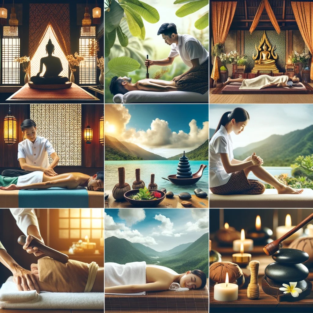 The image depicts the different types of massages in Thailand, as described in the blog section. Each part of the image illustrates a variety of massage, from the traditional to the more specialized such as Tok Sen, capturing the essence and unique technique of each, set in serene surroundings appropriate for a Thai massage.